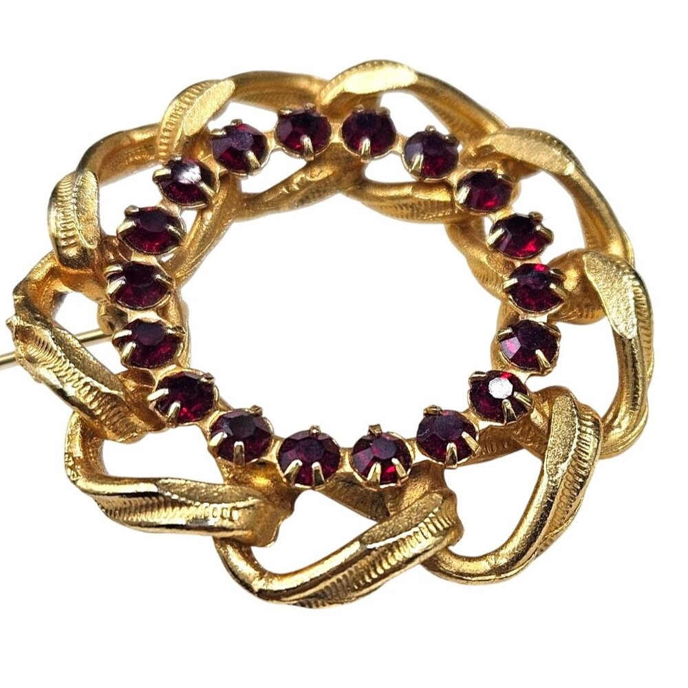 Vintage Red Rhinestone Wreath Circle Brooch Gold Plated 1960s